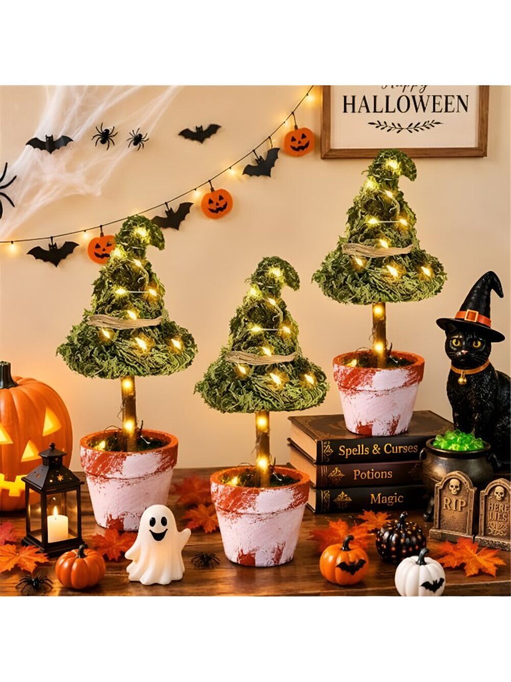 3 Pcs Halloween Witch Hat Topiary Plant Decor with LED Lights